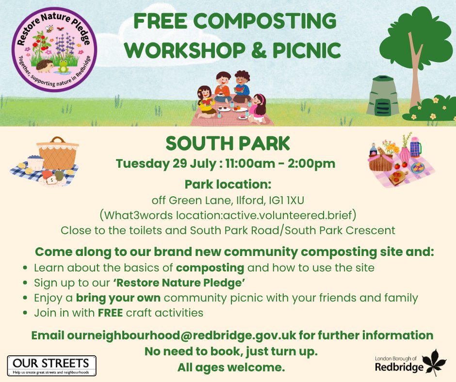 RedbridgeLive's tweet image. To help households start their composting journey we're running a free composting workshop to launch our new community composting site in South Park. The workshop takes place on Tuesday 29 July, 11am-2pm, South Park, off Green Lane, Ilford. Find out more: orlo.uk/14K9U