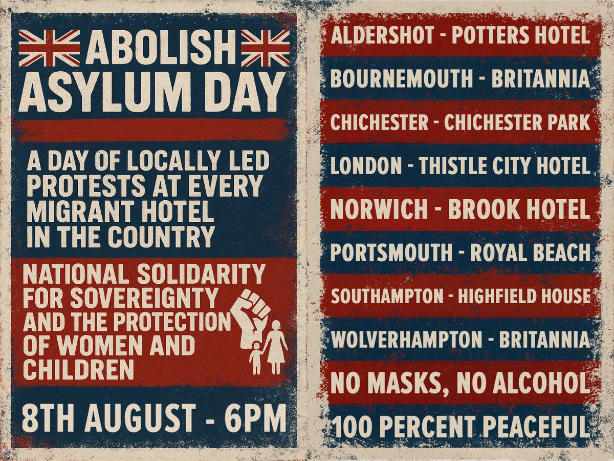 🚨 NATIONAL DAY OF PROTEST

On August 8th, 6pm, activists from across the UK will gather against illegal resident hotels. 

Fight for the women and children of this country. 
We all need you. 
Make a stand. 
I will be.