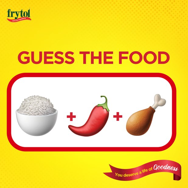 frytolghana's tweet photo. Can you guess the food the emoji is describing ? Get the right answers and we have free goodies to give to you. 🎉
#FrytolCookingOil #YouDeserveALifeOfGoodness #Frytolexplores #tellFrytol #adventureswithfrytol #theFrytolExperience https://t.co/8xHhwzKy2X