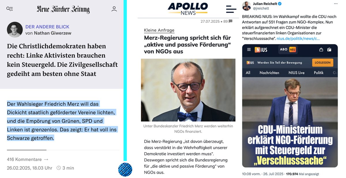 Februar 2025: Merz vs. NGOs

Juli 2025: Merz &amp; NGOs