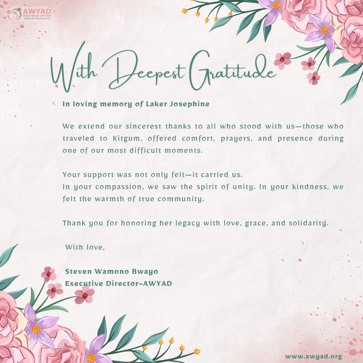 AWYAD_UG's tweet image. Thank you for honoring the legacy of Josephine Laker. On behalf of AWYAD, we deeply appreciate your unwavering support and solidarity. 
May God&apos;s blessings continue to abound in your life.
#Gratitude