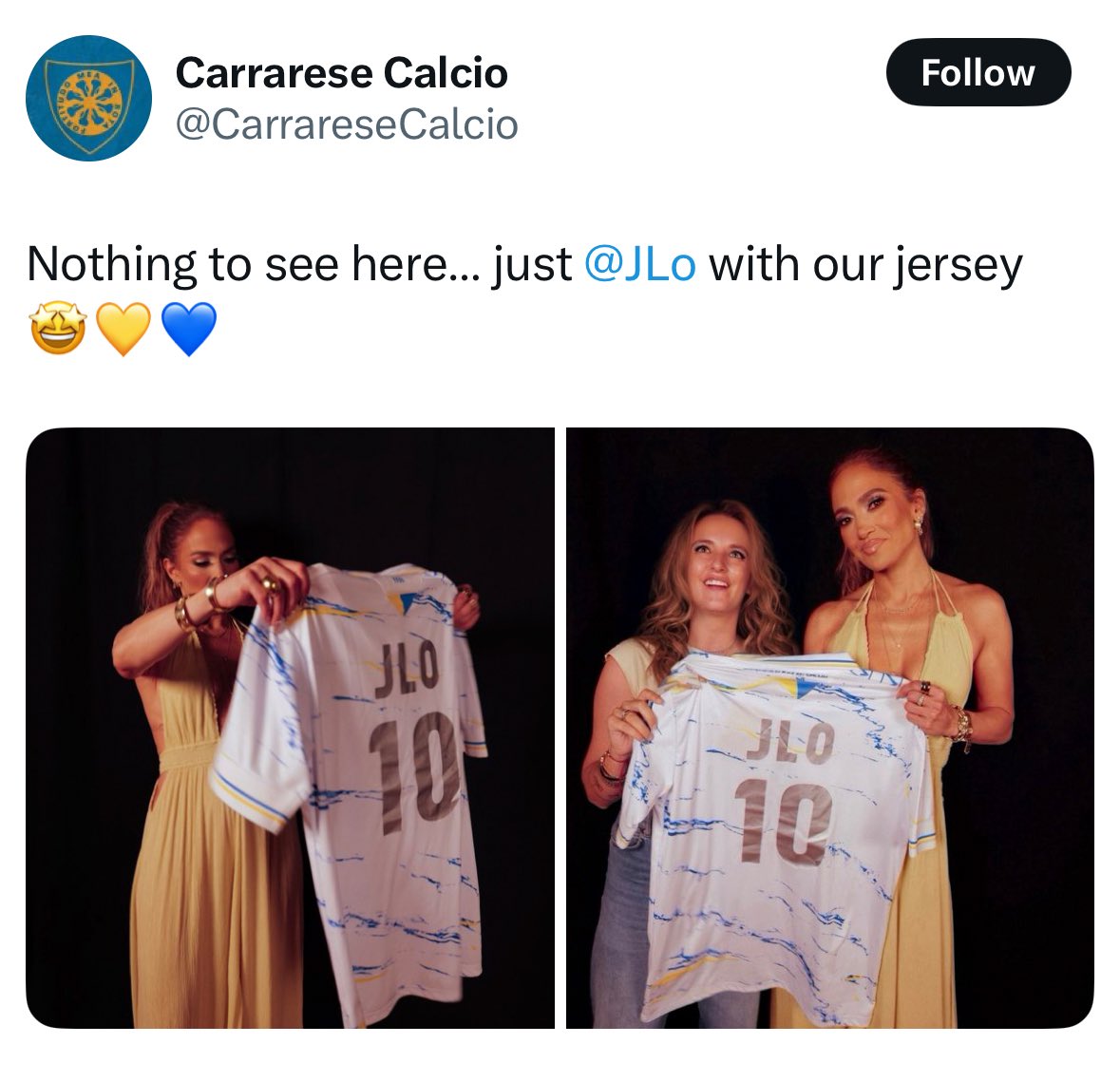 CalcioTurkey's tweet image. 🤩 Jennifer Lopez, Serie B ekibi Carrarese Calcio'nun formasıyla.