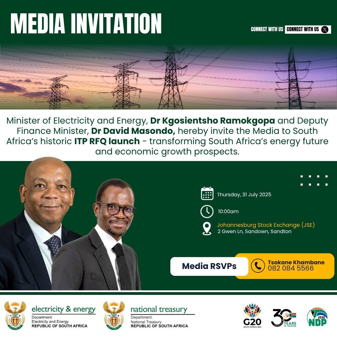 DOEE_ZA's tweet image. The Department of Electricity and Energy (DEE) and the National Treasury (NT) invite
members of the media to a briefing on the launch of the Request for Pre-Qualifications
(RFQ) for ITPs.
