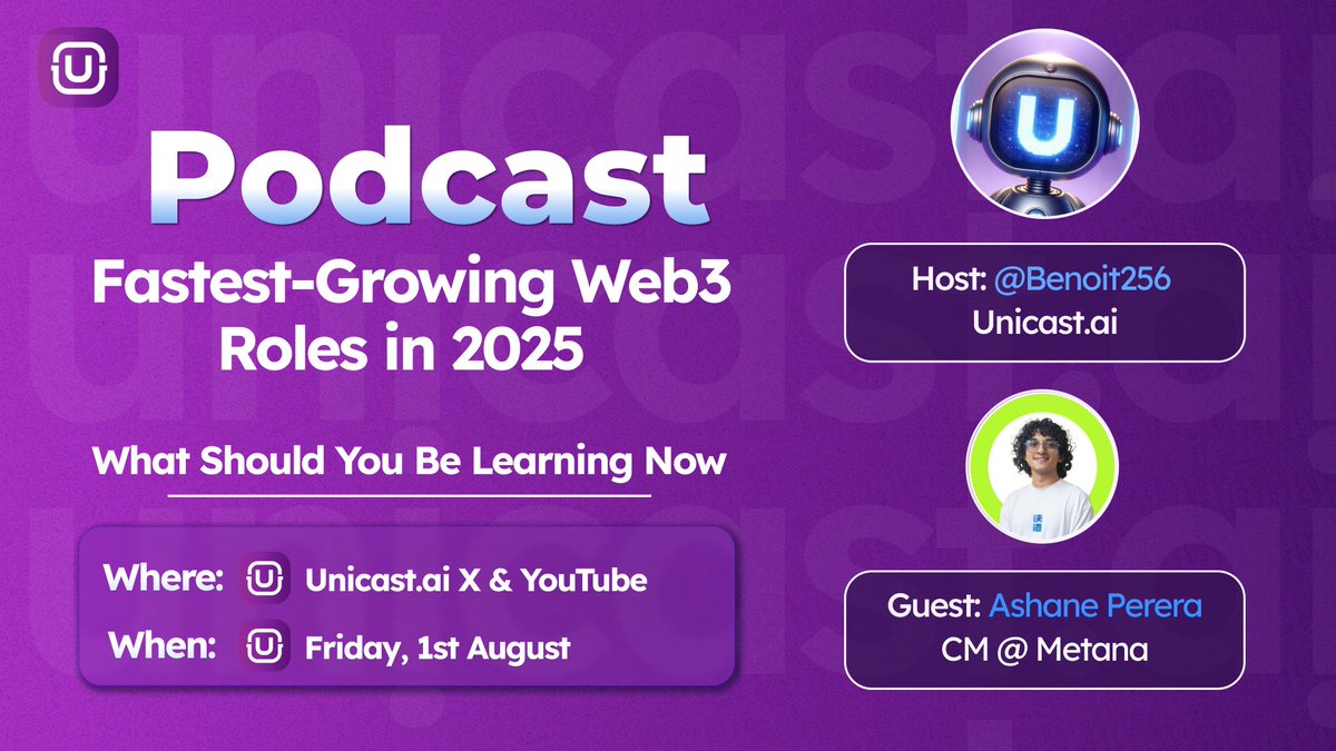 Coming this Friday ✨ 

We spoke with Ashane from <a href="/MetanaHQ/">Metana - Web3 bootcamp</a> about the fastest-growing roles in Web3! 💼

Listen the full podcast this Friday on X