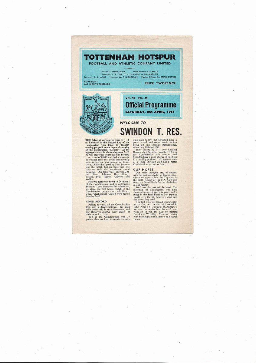 bobsprogrammes's tweet image. 1966/67 Tottenham Hotspur v Swindon Town Football Combination Programme
£3.25 + Postage
Now available @ bobsprogs.com
@spursfanzonecom @TottenhamfansID @totttenhamhotsp @spursweb @SpursOfficial @SpursFansCorner @Official_STFC @STFCFans @SwindonTownFans
