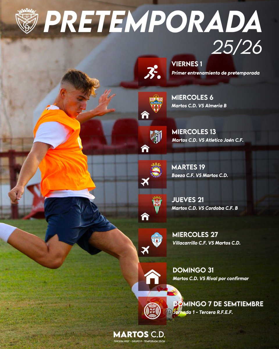 MartosClubDptv's tweet image. ¡Buenos días!
¡Entramos en semana de pretemporada!

Este viernes arrancamos oficialmente con los entrenamientos, y ya conocemos a los que serán nuestros rivales para prepararnos de cara al inicio de liga ⚽💪