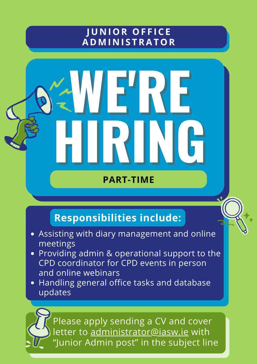 IASW_IRL's tweet photo. Join our team! We are looking for a Junior Office Administrator

We offer:
🕒 4-hour workdays, core hours 10am–1pm
📍 Dublin office – 5 mins from Pearse St Station
📚 Training &amp; development support

Learn more and apply here: https://t.co/vE3VlprWY3 https://t.co/ynauYTWCSd