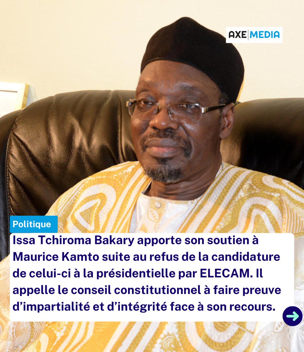 axemedia2023's tweet image. 🗣️ Issa Tchiroma Bakary, le président du FSNC a exprimé son soutien à Maurice Kamto, après le rejet de sa candidature à la présidentielle de 2025 par ELECAM.
⚖️ Il exhorte le Conseil constitutionnel à faire preuve d’impartialité et d’intégrité dans l’examen du recours introduit…