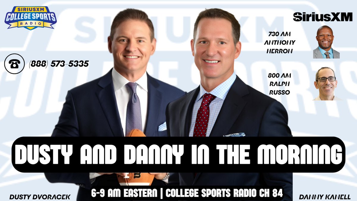 rbalick's tweet image. Dusty and Danny in the Morning is LIVE on @SXMCollege 84!

@DustyDvoracek &amp;amp; @dannykanell recap ACC and Big Ten Media Days, Michigan heads to Germany, Deion to hold a press conference today, Nick Saban addresses rumors and MORE!!

730 @BigAntHerron 
8 @ralphDrussoATH