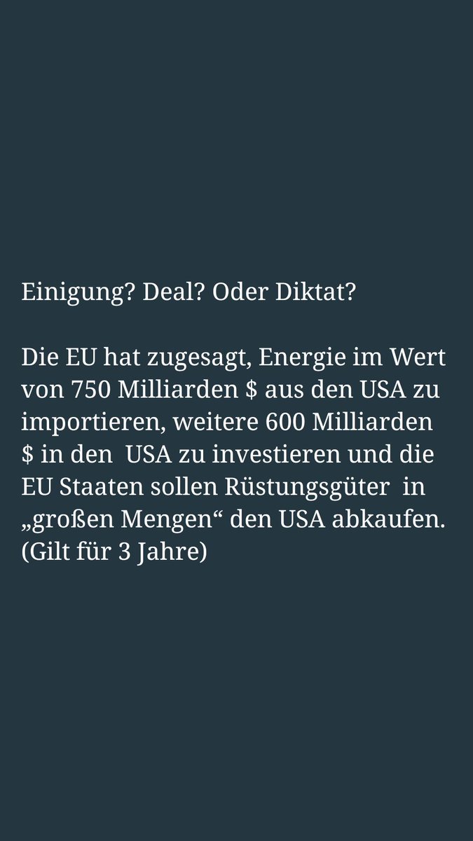 Die Gerechtigkeitspartei - Team Todenhöfer (@tt_partei) on Twitter photo #Zolldeal
Hier zeigt sich, wer seine Interessen durchsetzen kann und wer ein willfähiger Untergebener ist. Und der Bundeskanzler findet, dass es ein guter Abschluss ist👎 #Zolldeal
Hier zeigt sich, wer seine Interessen durchsetzen kann und wer ein willfähiger Untergebener ist. Und der Bundeskanzler findet, dass es ein guter Abschluss ist👎