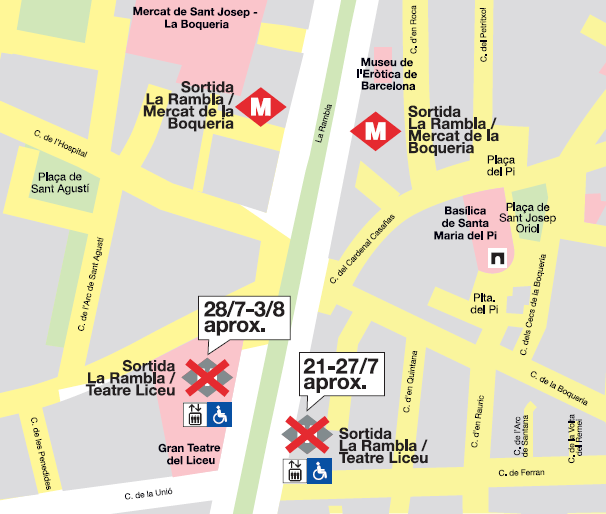 TMBinfo's tweet image. ⚠️🚇 L3 #metrobcn: fins al 3 d&apos;agost, tancat per obres el vestíbul de l&apos;accés La Rambla / Teatre Liceu que comunica amb l&apos;andana direcció Zona Universitària de l&apos;estació Liceu.
 
ℹ️ Podeu accedir a l&apos;estació per l&apos;accés La Rambla / Mercat de la Boqueria.
