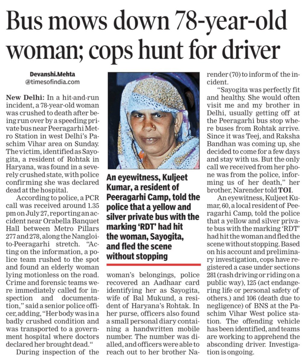 toi_devanshi's tweet image. A 78-year-old woman was crushed to death while crossing the road by a speeding bus in west Delhi. Driver didn’t even stop to help, simply fled the scene.