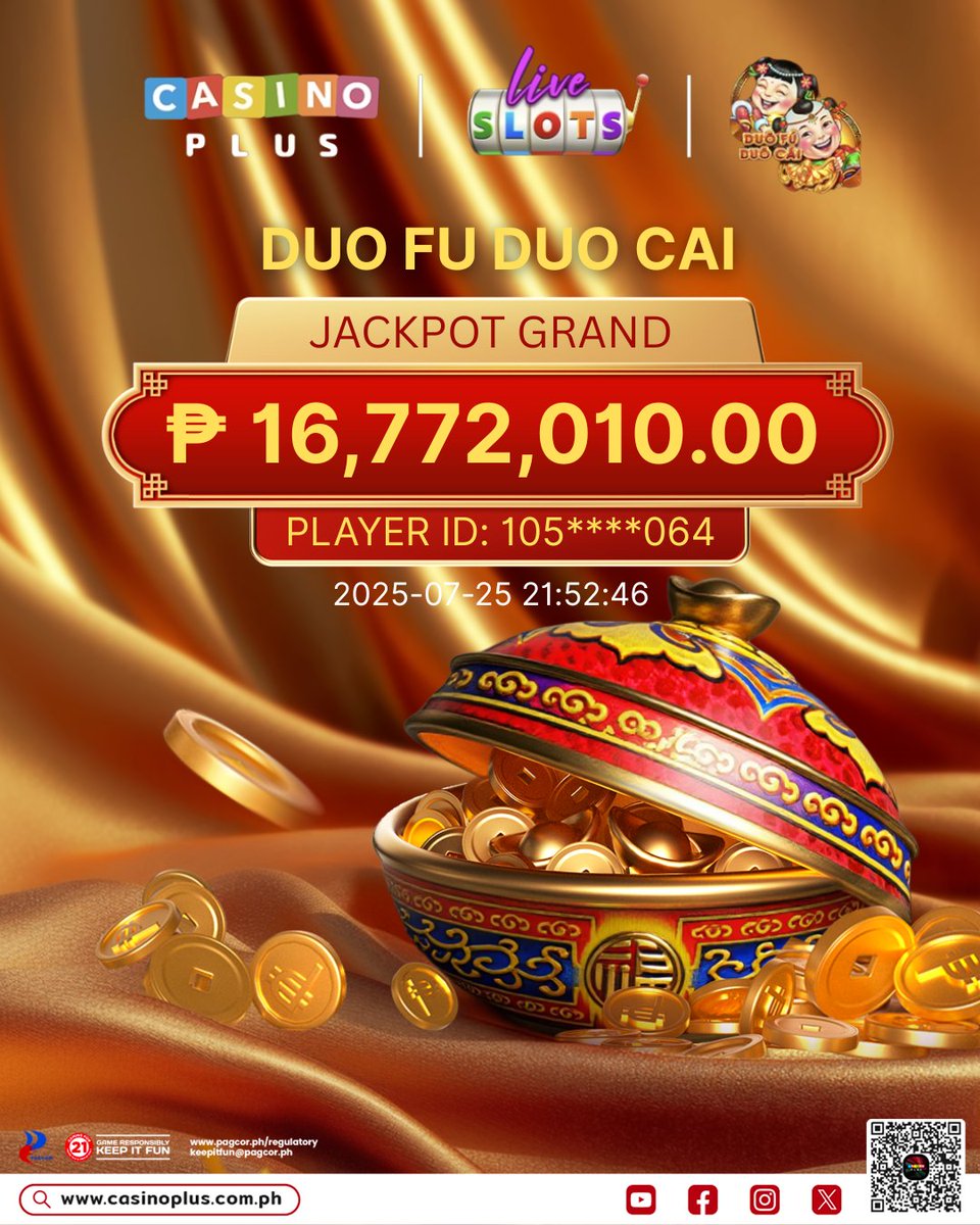 casinoplusph's tweet image. 🎉 🧧 May bulagang SUPER JACKPOT sa Duo Fu Duo Cai! 💥
💸 Tumataginting na ₱𝟏𝟔,𝟕𝟕𝟐,𝟎𝟏𝟎.𝟎𝟎 ang nauwi ng isang lucky player! 💰

✨Paano na kung ikaw ang makajackpot next? Subukan mo na sa Casino Plus! Lahat pwedeng mangyari. #DFDCGrand #JackpotWinner #CasinoPlusPH