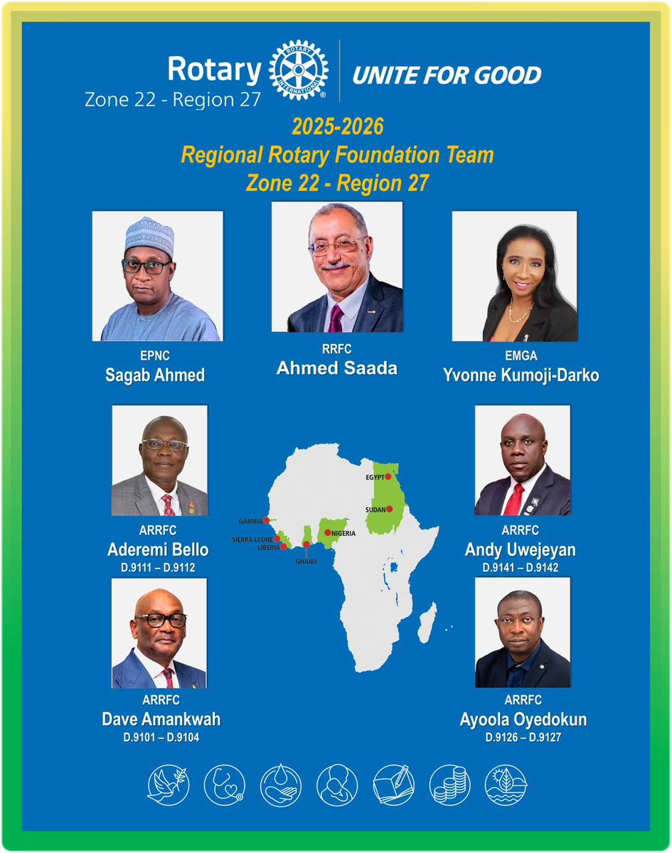 Rotary9104's tweet photo. KNOW THE 2025-2026 Regional Rotary Foundation Team for Zone 22 - Region 27.

Ghana’s first Arch Klumph Society society member, PDG Yvonne Kumoj-Darko is listed as the EMGA, and Ghana’s second Arch Klumph Society member PDG Dave Amankwah is listed as an ARRFC for D.9101 - D.9104. https://t.co/Ji4lgEFss1