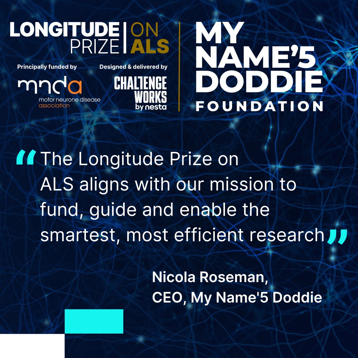 Longitude Prize on ALS (@longitude_prize) on Twitter photo We're proud to partner with <a href="/MNDoddie5/">My Name'5 Doddie Foundation</a>, a driving force in the fight against #MND & #ALS.
As a funder of the #LongitudePrizeOnALS, they're supporting bold new ideas to transform #DrugDiscovery for one of medicine's toughest challenges.
🔗Learn more: bit.ly/43HIA13 We're proud to partner with <a href="/MNDoddie5/">My Name'5 Doddie Foundation</a>, a driving force in the fight against #MND & #ALS.
As a funder of the #LongitudePrizeOnALS, they're supporting bold new ideas to transform #DrugDiscovery for one of medicine's toughest challenges.
🔗Learn more: bit.ly/43HIA13