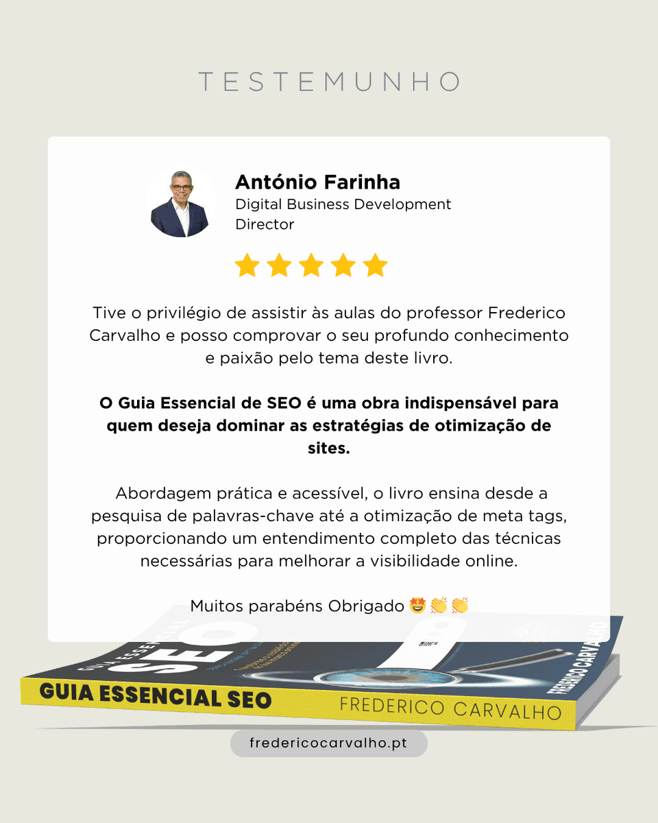 FredCarvalho's tweet photo. "O Guia Essencial de SEO é uma obra indispensável para quem deseja dominar as estratégias de otimização de sites."

Muito obrigado pelo teu testemunho António Farinha. 

👉  https://t.co/GIHkoKK0QH

#MarketingDigital #SEOPortugal #Booktok  #DigitalMarketing  #GuiaEssencialSEO https://t.co/aProfpS4wa