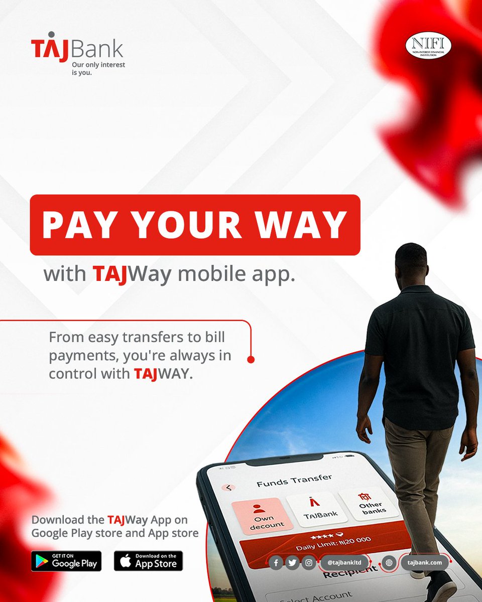 Making payments doesn’t have to be hard.
With the TAJWay App, you can send money, pay bills, and manage your account with just one tap.

Download it now from the Google Play Store or Apple App Store to begin.