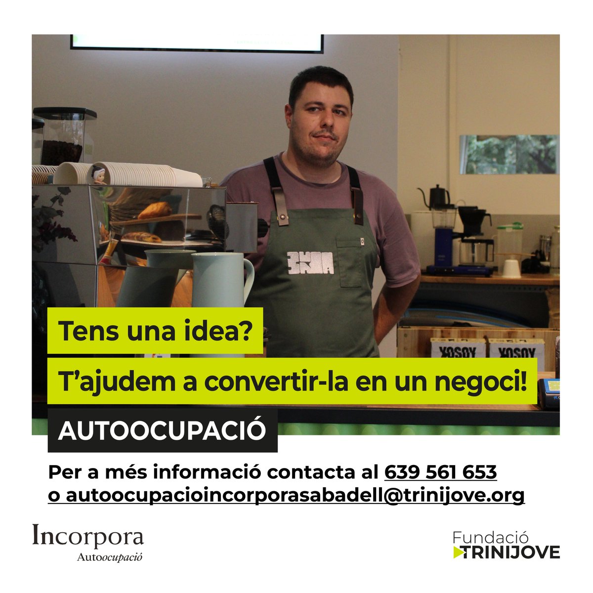 Fundació Privada Trinijove (@trinijove) on Twitter photo AUTOOCUPACIÓ 🏷️| Incorpora Autoocupació ofereix suport a les persones que volen accedir a una feina a través de la creació d’un negoci propi 🙋✨
Posa't en contacte i t'ajudem:
📞 639 561 653
📥 autoocupacioincorporasabadell@trinijove.org
#Incorpora #Trinijove AUTOOCUPACIÓ 🏷️| Incorpora Autoocupació ofereix suport a les persones que volen accedir a una feina a través de la creació d’un negoci propi 🙋✨
Posa't en contacte i t'ajudem:
📞 639 561 653
📥 autoocupacioincorporasabadell@trinijove.org
#Incorpora #Trinijove
