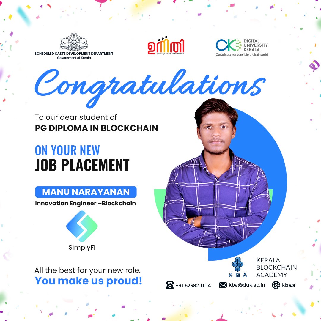 🎉 Celebrating the Promotion of Manu Narayanan, Innovation Engineer- #Blockchain at SimplyFI Innovations PTE Ltd.
Your growth story is an inspiration. Keep pushing boundaries, Manu! 🚀
 #CareerMilestone #InnovationEngineer #KBA #DUK #SCDD #Hyperledger #Developers