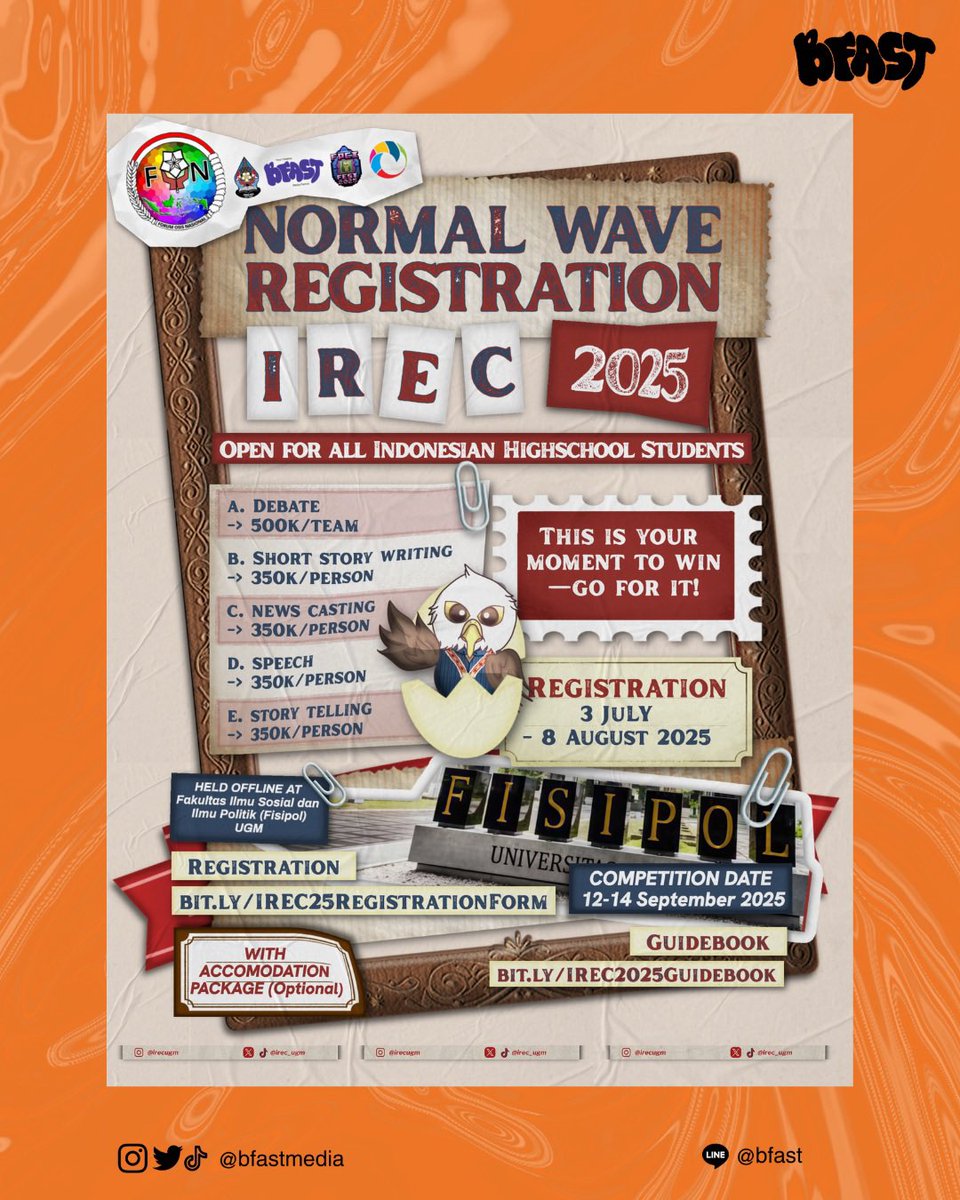 bfastmedia's tweet photo. 🌊 Normal Wave Registration for #IREC2025 is OPEN! 🌊

🗓 12–14 Sept 2025 
📍FISIPOL UGM (offline)
👥 Open for high schoolers!
💬 Speech, Storytelling, Writing, News, Debate

🔗 Reg: https://t.co/GZD2TM0eey
📘 Guide: https://t.co/ZrEa5Qz56C
#IRECUGM https://t.co/rf1ZPQrZYq
