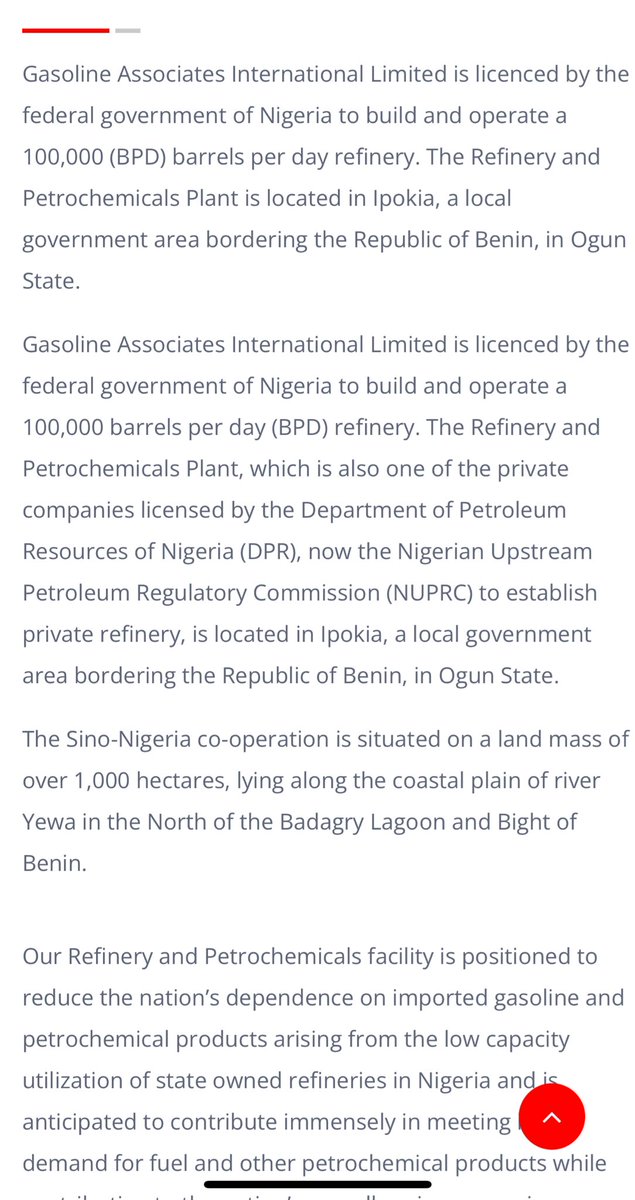 Ogun State Investment News. 🔥🔥🔥

Gasoline Associates International Limited (GAIL) is building a crude oil refinery in Ipokia LGA, Ogun state. 

The Refinery will process 100,000 barrels of crude oil per day in its initial phase, with the capacity to scale up to 450,000 barrels