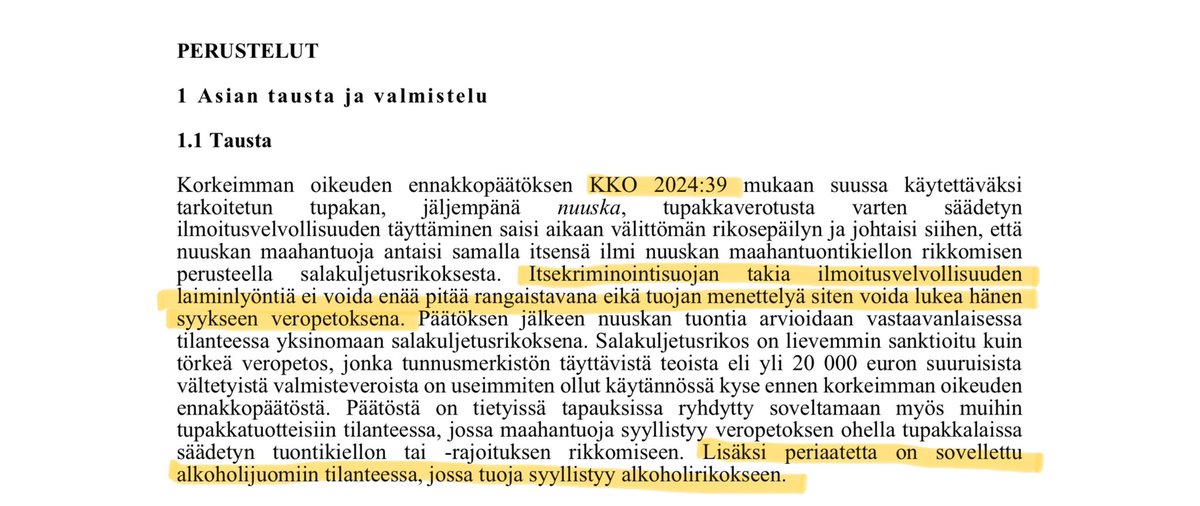 RikhardSjoberg's tweet image. Huomenta @VMuutiset, @SuomenTulli ja @Verouutiset 👋
Valuiko vuoden 2023 etämyynnin tehovalvonta hiekkaan KKO:2024:39 myötä, koska @STM_Uutiset ja @ValviraAlkoholi ovat väittäneet etämyyntiä alkoholirikokseksi eikä siten itsekriminointisuojan vuoksi voida syyttää veropetoksesta?