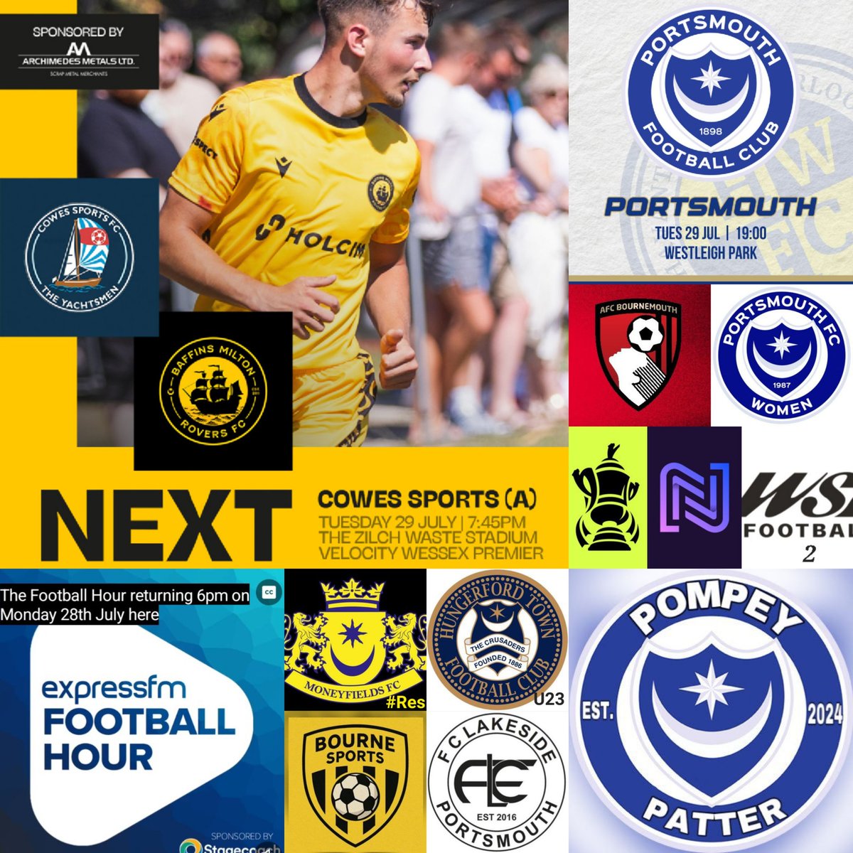 Pompey_Football's tweet photo. ⚽️ This Week ⚽️
#SeasonStarting
Mon: @PompeyOnExpress returns at 6pm.
@AdobeWFACup #detailsreleased
Tue: @BMRFC (a)*
@Pompey (a) 7pm at @HWFCOfficial
@MONEYFIELDSFC #Res (h)
Wed: @PompeyWomen (a)
@Bournesportsfc v @FCLakeside1 7pm at #SouthbourneRec
Thu: @PompeyPatter #tbc
Fri: #FNFH on @ExpressFM
* All the best #UpTheBaffs in the @WessexLeague #OpeningDayGame 👏
Have a great week #All 👍