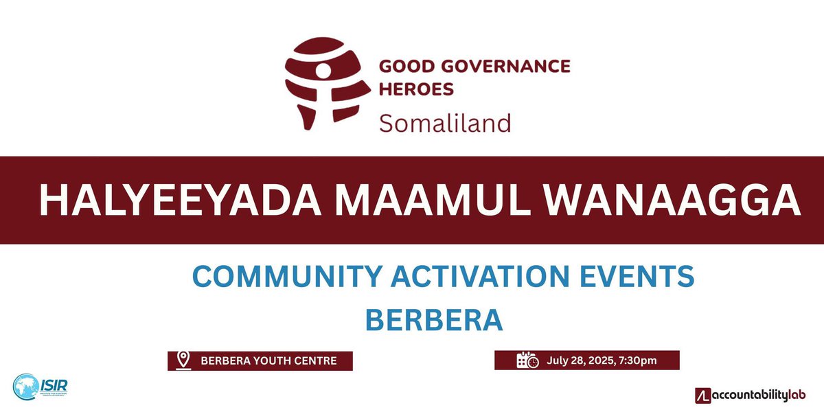 GovernanceHero's tweet photo. Caawa iyo Berbera! Waxaynu ku kulmi doonaa Berbera Youth Centre 7:30 fiidnimo, kasoo qaybgal wanaagsan!

Our third stop is Gebiley. Join us tonight 7:30pm at Berbera Youth Centre!

#GoodGovernance #Somaliland #Berbera https://t.co/lZZH1FzF16