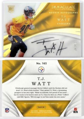 Cardfinder123's tweet image. 2017 Panini Immaculate Collection T.J. WATT #75/99 Autograph Rookie Card #ad #thehobby ebay.com/itm/3640168681…