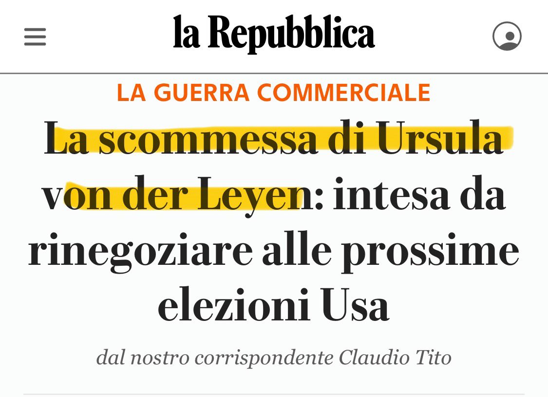 k_arsenale's tweet image. Veniamo alla scommessa di #UrsulavonderLeyen:
A) Dazi uniformi al 15% sull’esportazione in USA
B) Dazi su acciaio e alluminio al 50%
C) USA diventa il fornitore principale di energia nella UE
D) Investimenti UE nelle aziende USA per 600 miliardi 

Scommettiamo che è un’incxxxta ?