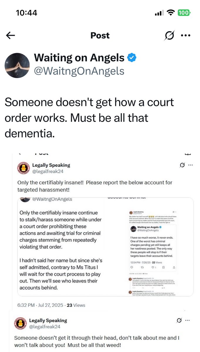legalfreak24's tweet photo. Someone doesn’t get that lying to the court will come back to bite them in the ass!  Please report this lunatic for targeted harassment! That weed is not helping her! https://t.co/TqCLlsnaU9