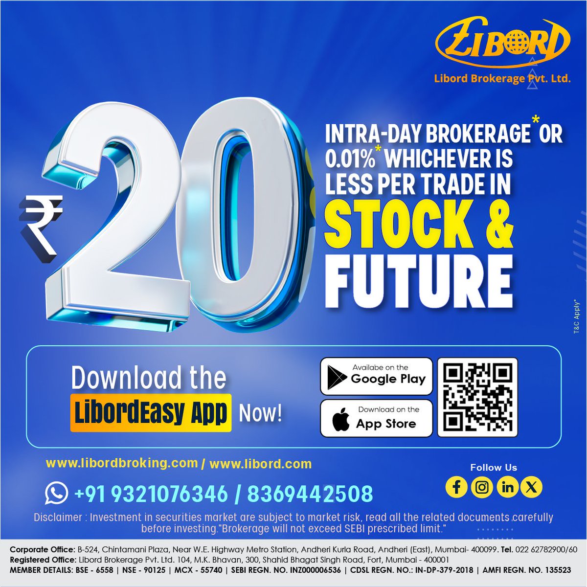 LibordBrokerage's tweet photo. Open Free* Demat account with Libord and get Rs. 20*/- Intra-day Brokerage or 0.01%  (Whichever is less) per trade on Stock &amp; Future.

Download the LibordEasy 📱 Trading App Now.
📱Android: https://t.co/N1kzBmvqQi, 📱iOS: https://t.co/mOAucEUiKV

#demat #investment #stockmarket https://t.co/yiquAvfUbf