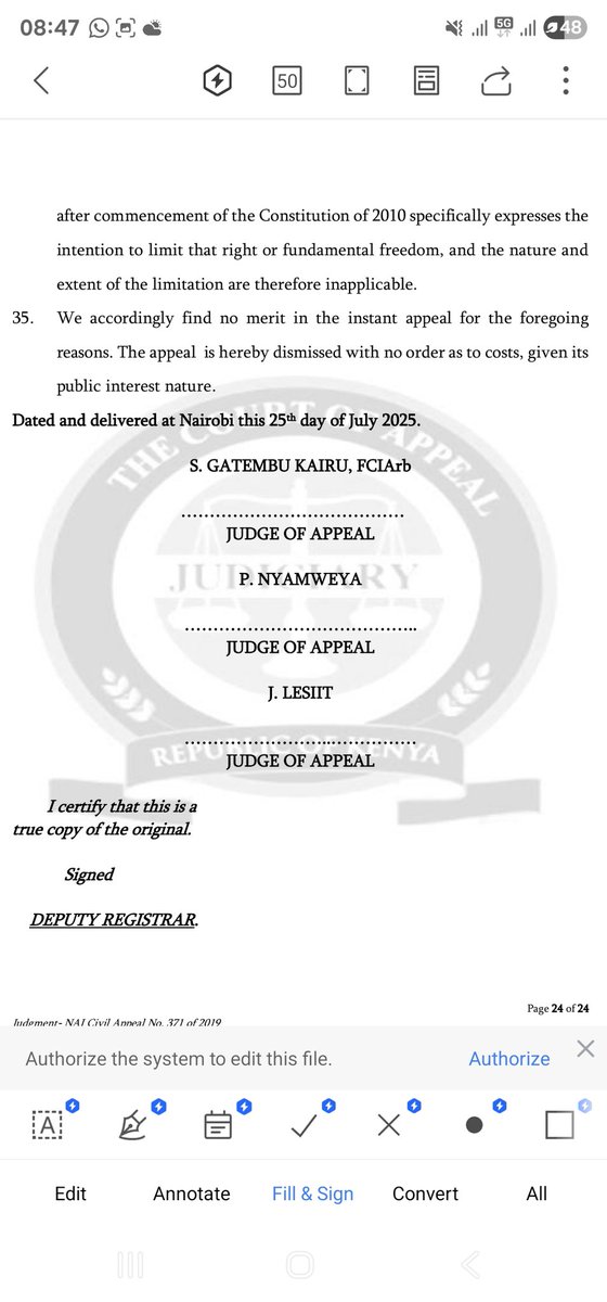 joshuamalidzo's tweet image. #hotoffthebench
The twin mandatory requirements for advocates to join LSK and obtain CPD points in order to renew their practicing certificates are constitutional. COA agrees with Chacha J that LSK is a unique profession, and the requirements are necessary for self-regulation.