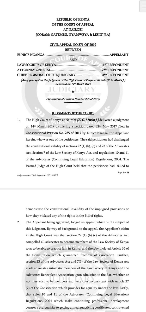joshuamalidzo's tweet image. #hotoffthebench
The twin mandatory requirements for advocates to join LSK and obtain CPD points in order to renew their practicing certificates are constitutional. COA agrees with Chacha J that LSK is a unique profession, and the requirements are necessary for self-regulation.