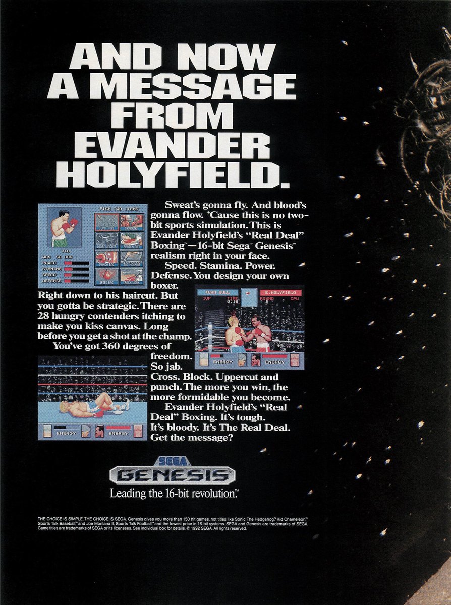 shinobi_sf's tweet image. Evander Holyfield's "Real Deal" Boxing
Known as Evander Holyfield Boxing (ホリフィールドボクシング) in Japan, this is a 1992 boxing game by Sega and Acme Interactive, and endorsed by professional boxer Evander Holyfield.
#Sega #MegaDrive #SegaGenesis #EvanderHolyfieldBoxing