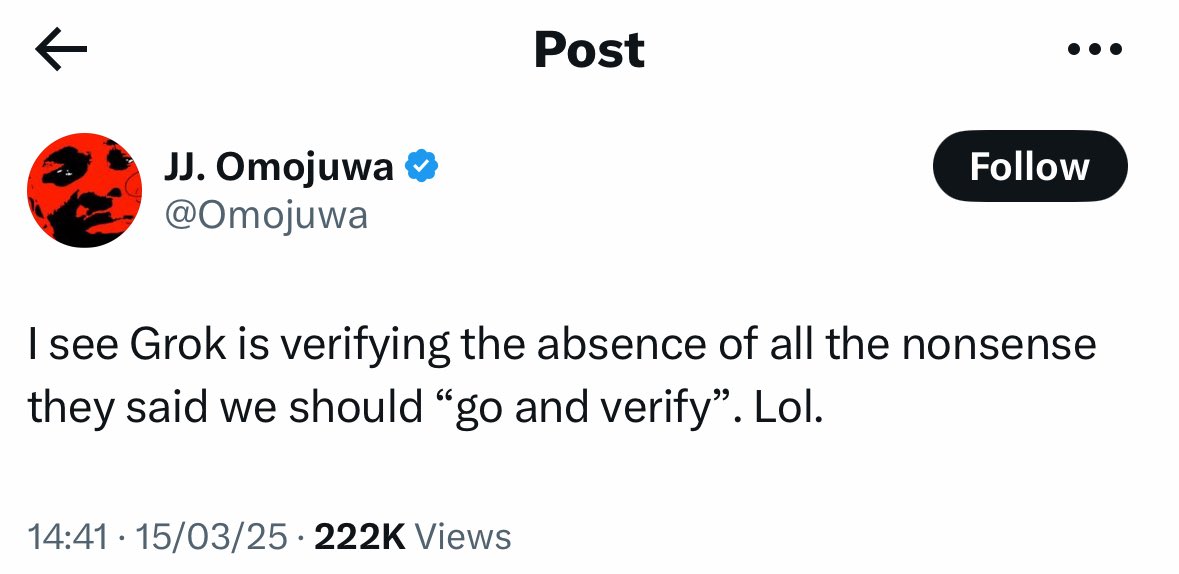<a href="/Omojuwa/">JJ. Omojuwa</a> <a href="/grok/">Grok</a> You no like Grok verifying ways again?