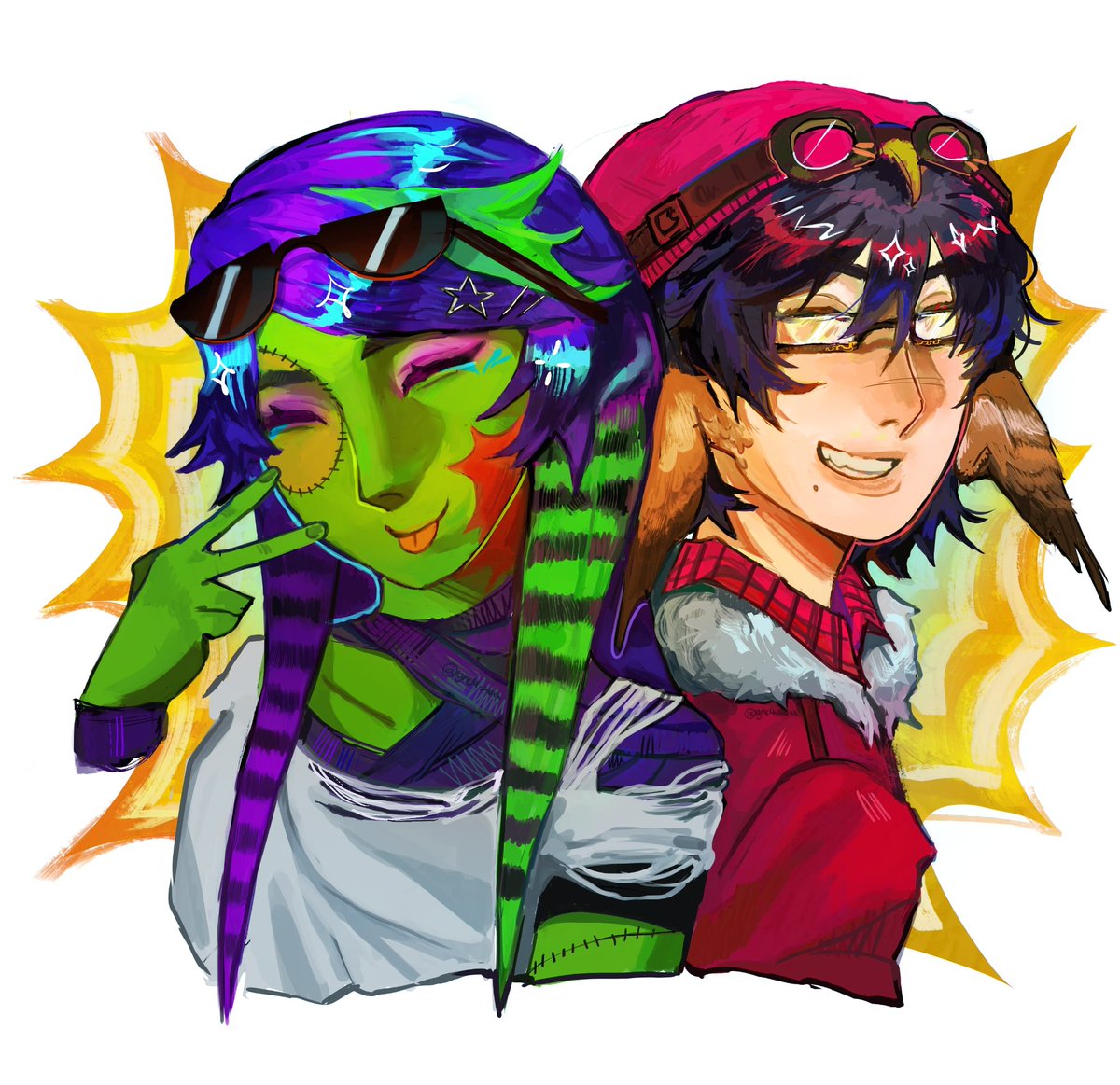ync4shua's tweet image. I was supposed to finish this before the finale but i procrastinated so hard 😭 but anyways DEADWING DUO!!1!1!!1 #honeydewmelenfanart #falconufanart