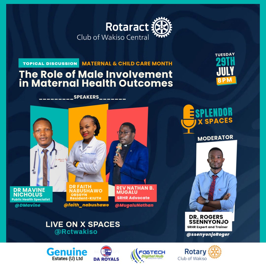 RctWakiso's tweet image. Tomorrow, 8pm on the #SplendorSpaces
We shall be hosting @DMavine , @faith_nabushawo and Rev @MugaluNathan for a panel discussion about “The Role of Male Involvement in Maternal Health Outcomes,”
Moderator: @ssennyonjoRoger a SRHR expert
#SplendorXSpaces