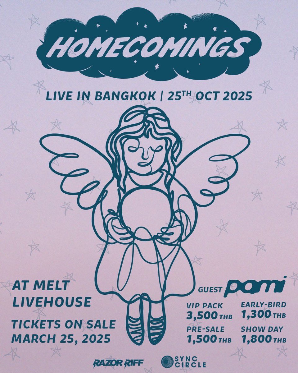 homcomi's tweet image. ✴︎Tickets on sale✴︎
Homecomings Live in Bangkok
2025年10月25日(土)
at Melt Livehouse
タイ・バンコクでの公演のチケットが発売されました🪽
You can now grab yours at ↓
🎫ticketmelon.com/razorriff/home…
See you at Melt Livehouse on Saturday, 25 October🪽