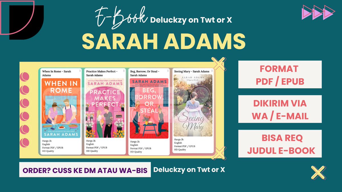 badeygenius's tweet photo. 💛 E-Book Sarah Adams (1) 💛

- When In Rome
- Practice Makes Perfect
- Beg, Borrow, Or Steal
- Seeing Mary

💰 2k / ebook

req judul? yuk ke DM/WAbis disini dan @deluckzy yaa    

cari referensi self improvement #zonauang #zonajajan #zonaba #zonauangᅠ  #zonajajanᅠ https://t.co/LYsEgRuCv8