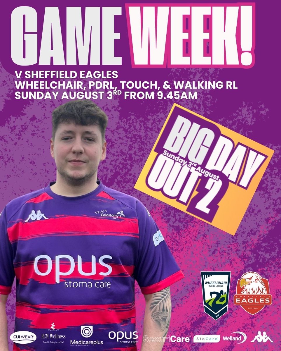 Team Colostomy UK (@teamcolostomyuk) on Twitter photo It's Game Week!
We're off to #Sheffield this Sunday for the BIG DAY OUT 2 with <a href="/SheffieldEagles/">Sheffield Eagles</a> and <a href="/Eagles_Found/">Eagles Foundation</a> ๐
It's the Purps ๐ the Eagles in 4๏ธโฃ games at 2๏ธโฃ venues showcasing the best of inclusive #RugbyLeague.
It starts with <a href="/WheelchairRL/">Wheelchair RL</a> at <a href="/eissheff/">EIS Sheffield</a> before we move to It's Game Week!
We're off to #Sheffield this Sunday for the BIG DAY OUT 2 with <a href="/SheffieldEagles/">Sheffield Eagles</a> and <a href="/Eagles_Found/">Eagles Foundation</a> ๐
It's the Purps ๐ the Eagles in 4๏ธโฃ games at 2๏ธโฃ venues showcasing the best of inclusive #RugbyLeague.
It starts with <a href="/WheelchairRL/">Wheelchair RL</a> at <a href="/eissheff/">EIS Sheffield</a> before we move to