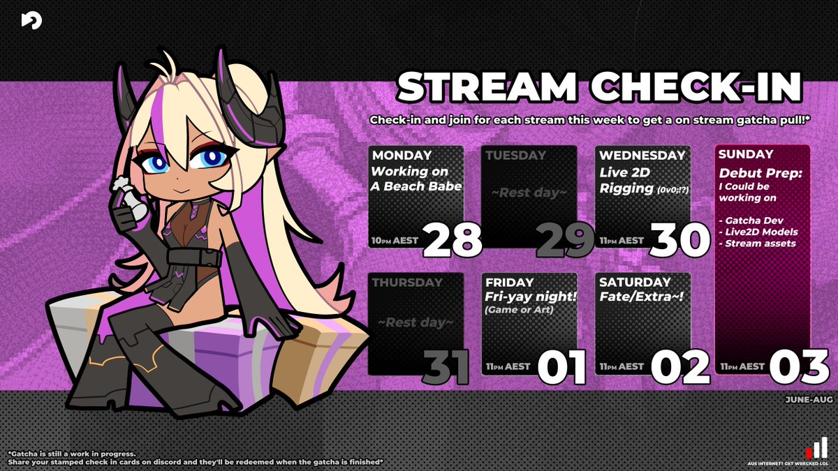 This week's schedule! With new a graphic! I've been working hard behind the scenes to come up with some really cool things! (Like my own gatcha!) 

So please keep an eye out for more news! 💜💛
