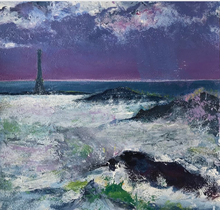 Happy Monday everyone #EarlyBiz #EarlyRisersClub here’s my  “Twilight Beacon” a moody seascape with a message of calm and courage. Original mounted painting inspired by the wild coast. 🌊🎨 #ArtCollectors #SeascapeArt #LighthouseLove #MHHSBD