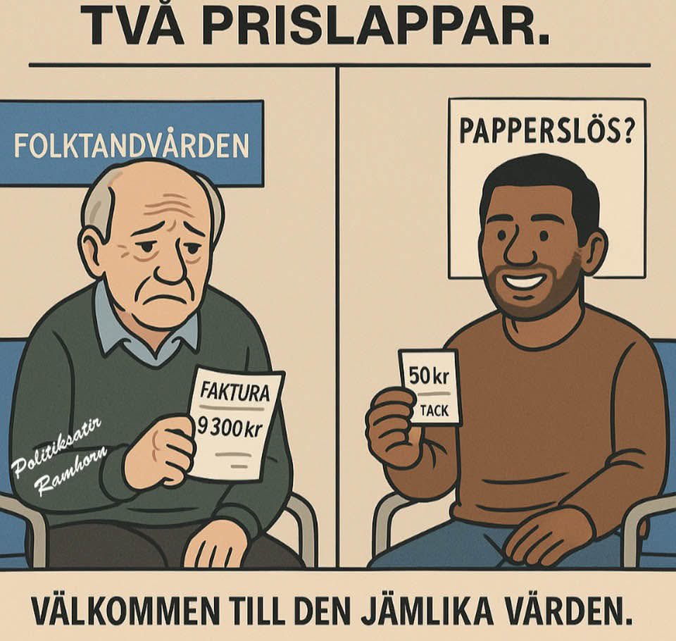 tageserlander's tweet image. Tack för att du byggde landet. Nu får du själv betala tusenlappar för att laga dina tänder. Men den som saknar både ID och uppehållstillstånd betalar bara 50 kronor. Det kallas rättvisa i dagens Sverige. Och när riksdagen röstade om lagen 2013 – var det bara Sd som röstade nej.