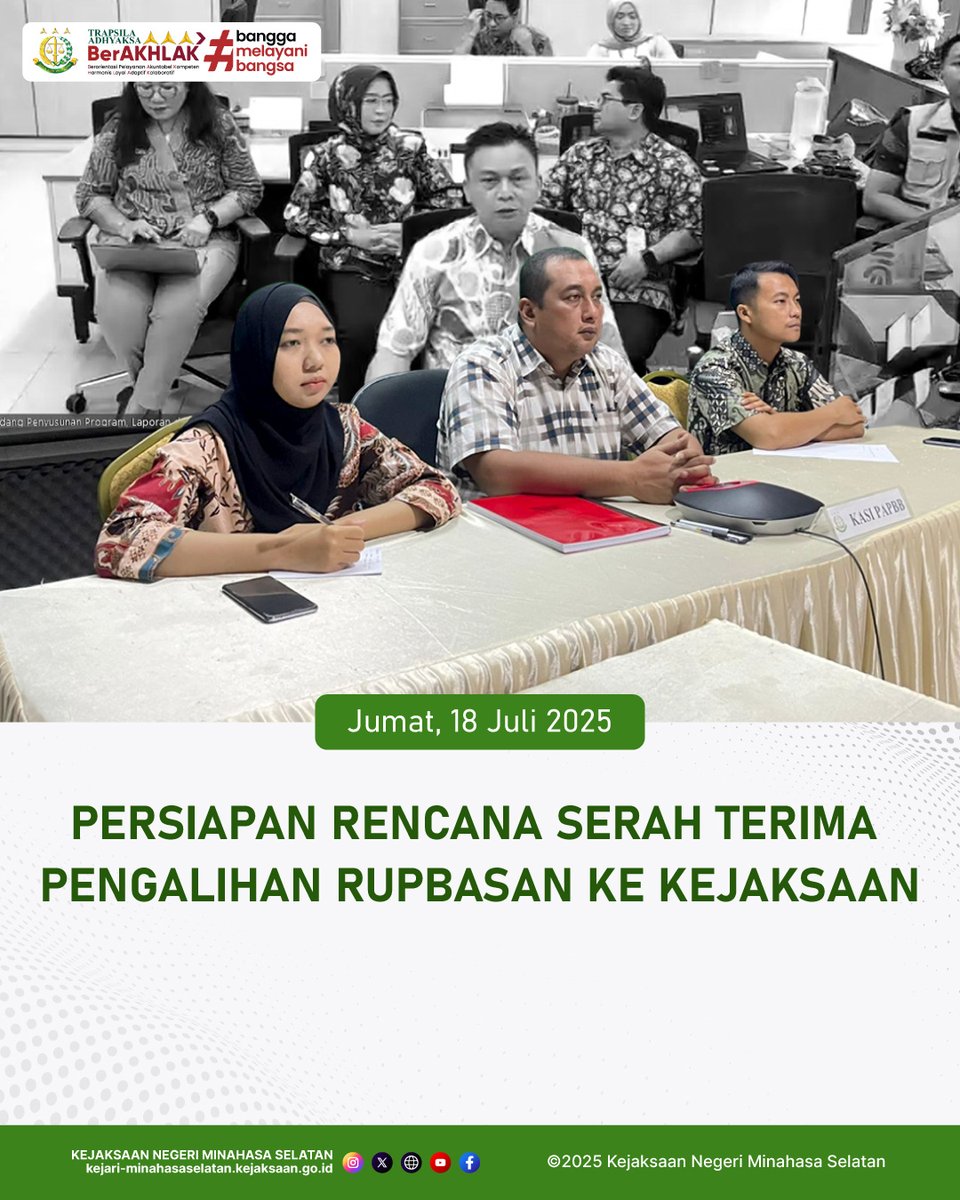 KejariMinsel's tweet photo. Pada hari Jumat, 18 Juli 2025 Pukul 10.00 WITA - selesai bertempat di Ruang Vidcon Kejaksaan Negeri Minahasa Selatan, Kepala Seksi Pemulihan Aset dan Pengelolaan Barang Bukti Bapak Hermoko Febriyanto, S.H., M.H. beserta Staff PAPBB mengikuti kegiatan Persiapan Rencana Serah https://t.co/zEGmvKPhHh