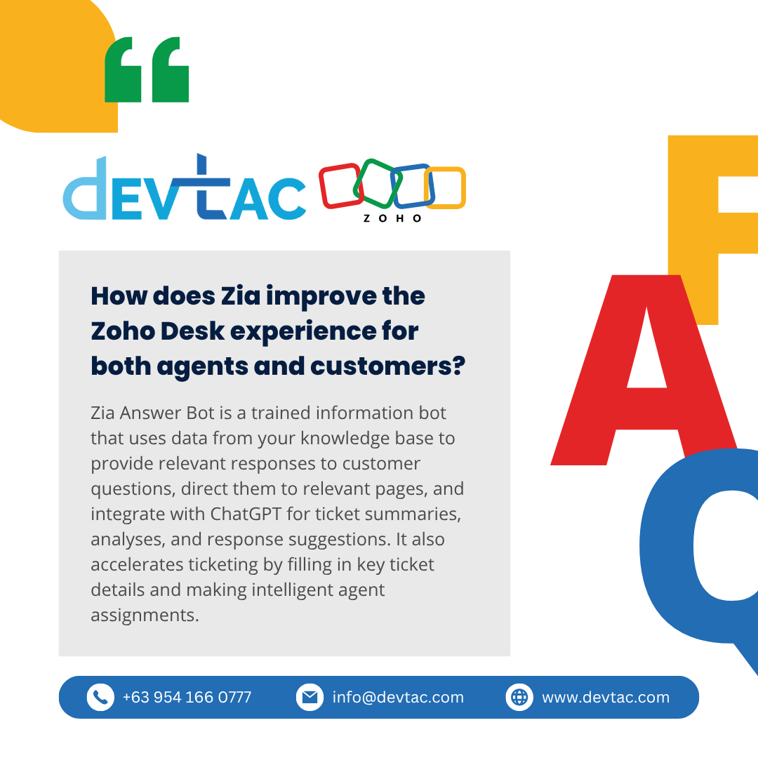 devtaccrminc's tweet image. Support just got smarter with Zia in Zoho Desk 🤖
From auto-replies to intelligent ticket routing, Zia helps agents respond faster—while customers get the answers they need, instantly.
Explore AI advantage: zurl.co/cGFFS
#CustomerSupport #AIAssistance #HelpdeskTools