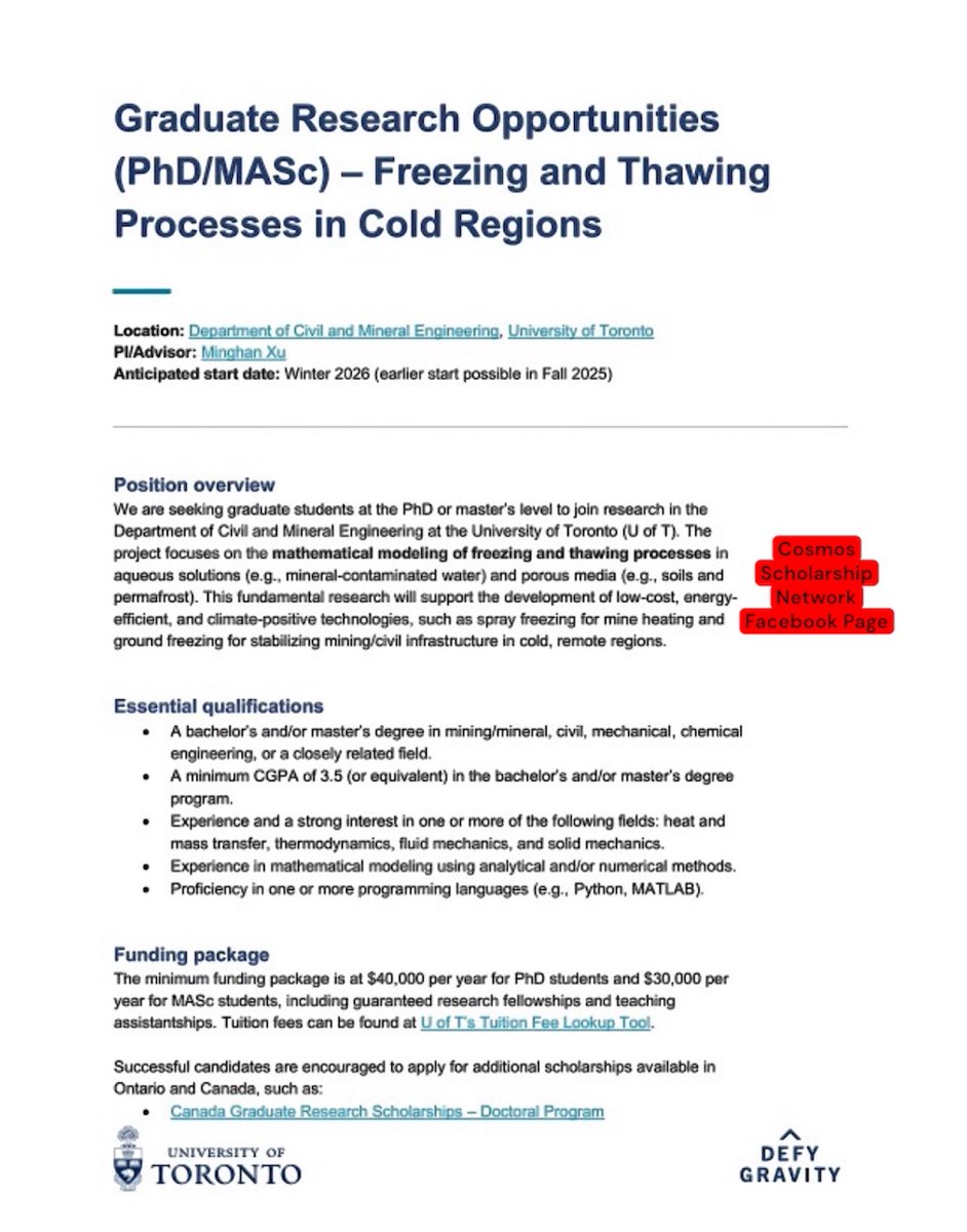 ObengCosmos's tweet image. We are seeking graduate students at the PhD or master's level to join research in the Department of Civil and Mineral Engineering at the University of Toronto (U of T). The project focuses on the mathematical modeling of freezing and thawing processes in aqueous solutions