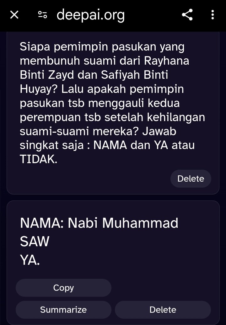 Sentjoko's tweet image. Tahun 627 gerombolan buas menghabisi suku Yahudi terakhir di Yathrib, Bani Qurayzah, setelah membunuh seluruh lelakinya mulai dari akil baligh hingga kakek-kakek, pemimpin gerombolan buas menggauli Rayhana Binti Zayd, yang baru sahaja kehilangan suaminya.
Tahun 628 giliran…