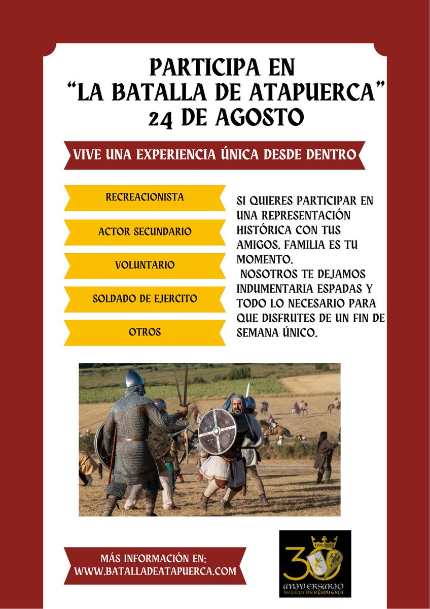 batallatapuerca's tweet image. 🛡⚔️ ¿Te gustaría participar en la #BatalladeAtapuerca?
🛡⚔️ Sentir el calor del público, disfrutar de una experiencia única y gratuita
🛡⚔️ Participar como soldado o campesino/a, incorporarte a la comparsa de gigantones como porteador, o ayudar en la organización.
#Atapuerca