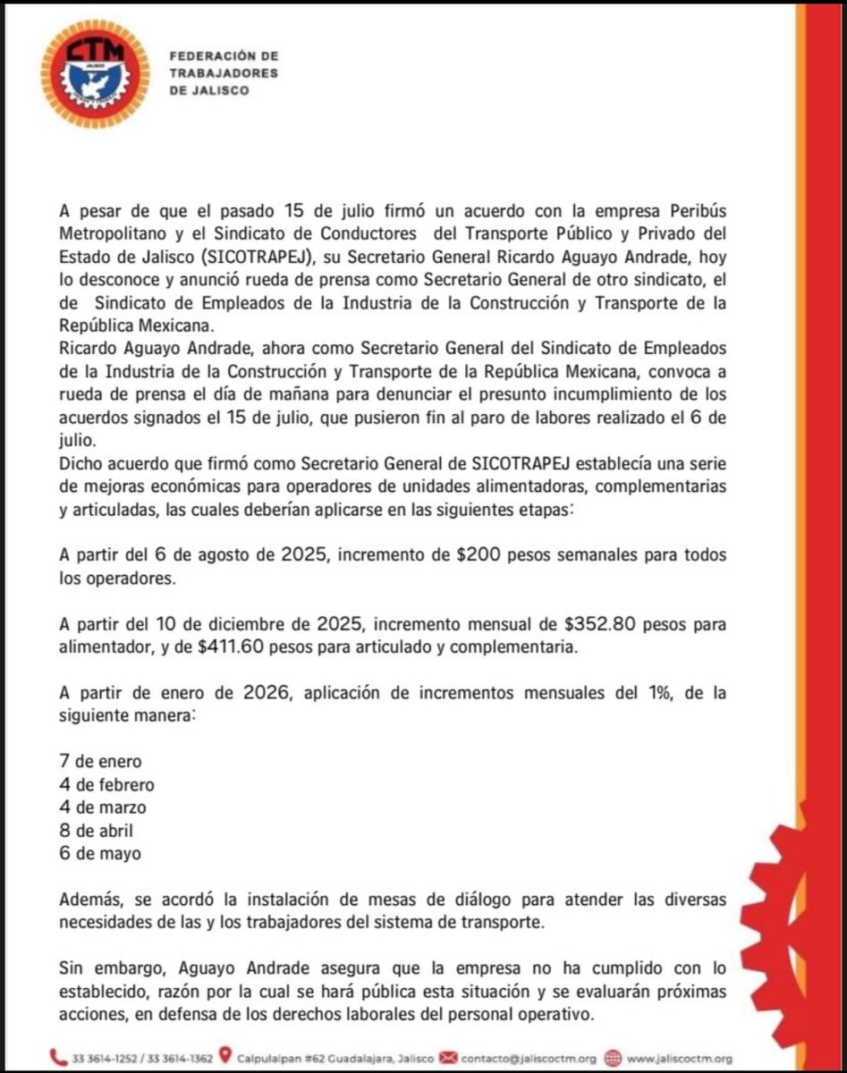 marcatextos's tweet image. Ahora resulta que Ricardo Aguayo Andrade desconoce el acuerdo que el 15 de este mes firmó como secretario general del Sindicato de Conductores del Transporte Público y Privado del Estado de Jalisco (SICOTRAPEJ),  con el que los operadores de las unidades alimentadoras del…